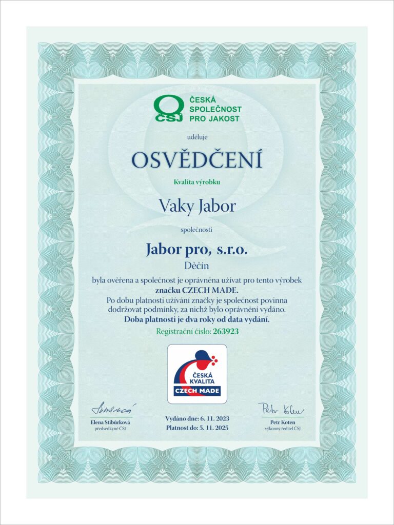 Certifikát kvality vaky Jabor Czech Made Česká kvalita
